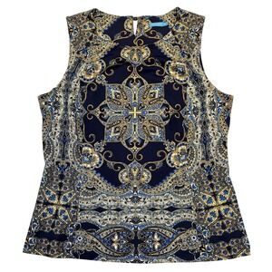 J McLaughlin Navy Blue Gold Paisley Boho Baroque Medallion Sleeveless Top Size M